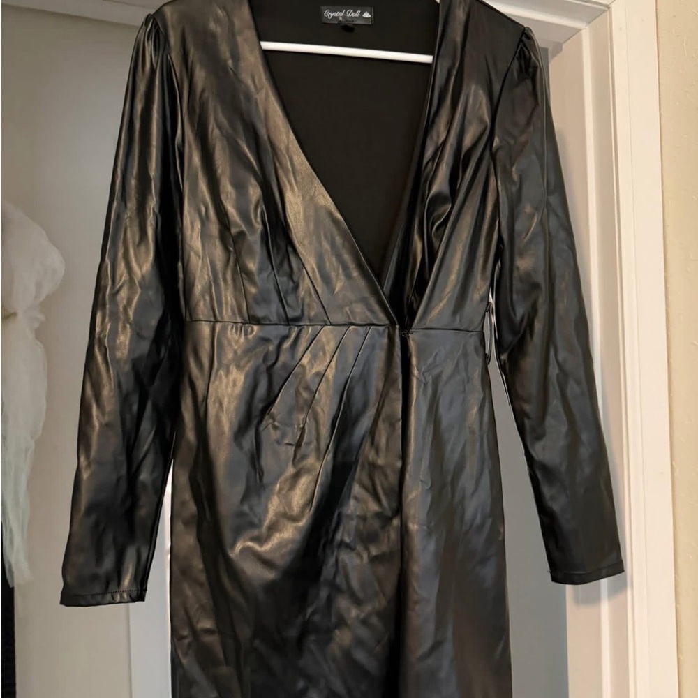 Crystal Doll Black Faux Leather Wrap Dress Jacket